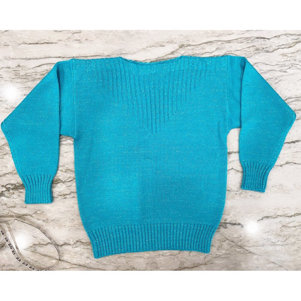 Meister: turquoise blue ski sweater, Sz M, with silver metallic threads